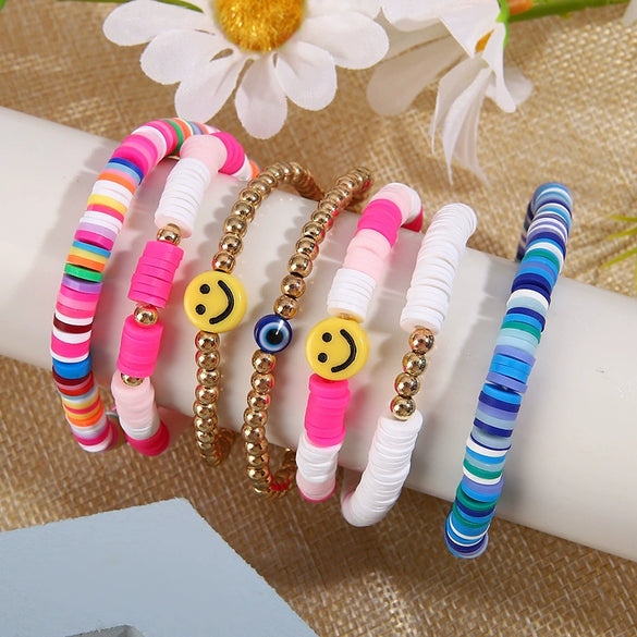 Bracelet Set Multilayer Stretch Line Flat Beads Geometric Smiley Women's Retro Bohemian Style