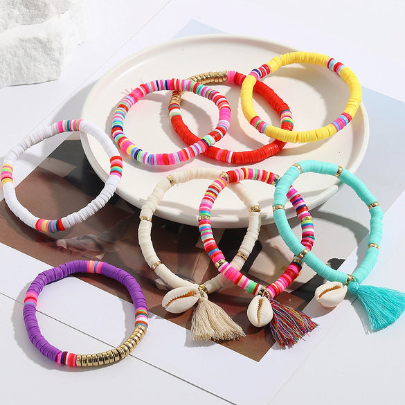 Bracelet Soft Ceramic Shell Color Tassel Bohemian Style With Flowers Ushape Geometric Pattern Electroplated For Women