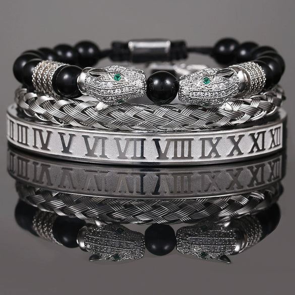 Bracelet Stainless Steel Copper Alloy Microinlaid Zircon Double Leopard Head Black Onyx Geometric Electroplating Style For Men