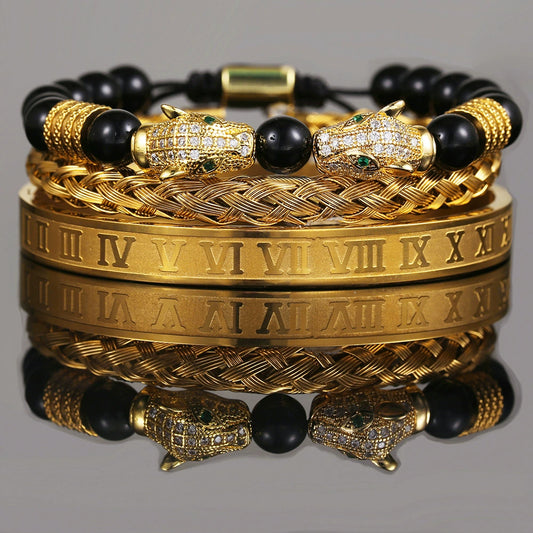 Bracelet Stainless Steel Copper Alloy Microinlaid Zircon Double Leopard Head Black Onyx Geometric Electroplating Style For Men