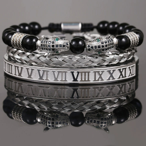 Bracelet Stainless Steel Copper Alloy Microinlaid Zircon Double Leopard Head Black Onyx Geometric Electroplating Style For Men