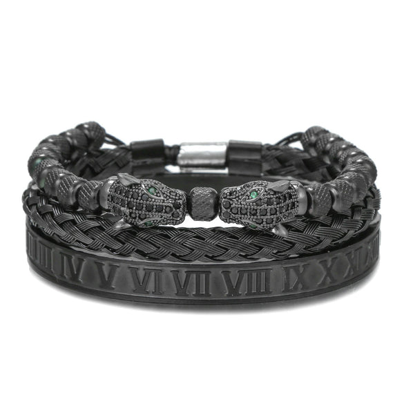 Bracelet Stainless Steel Copper Alloy Microinlaid Zircon Double Leopard Head Black Onyx Geometric Electroplating Style For Men