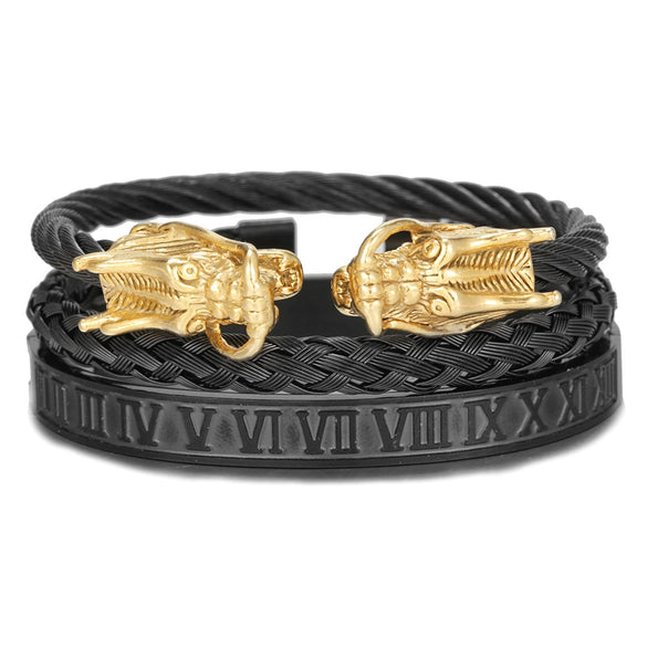Bracelet Stainless Steel Copper Alloy Microinlaid Zircon Double Leopard Head Black Onyx Geometric Electroplating Style For Men