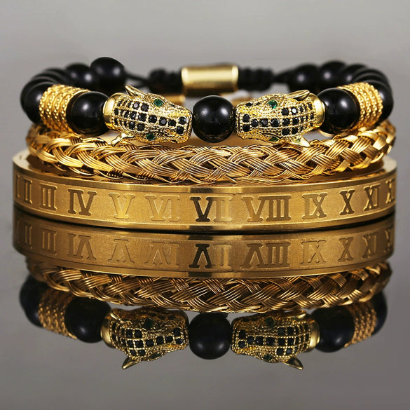 Bracelet Stainless Steel Copper Alloy Microinlaid Zircon Double Leopard Head Black Onyx Geometric Electroplating Style For Men