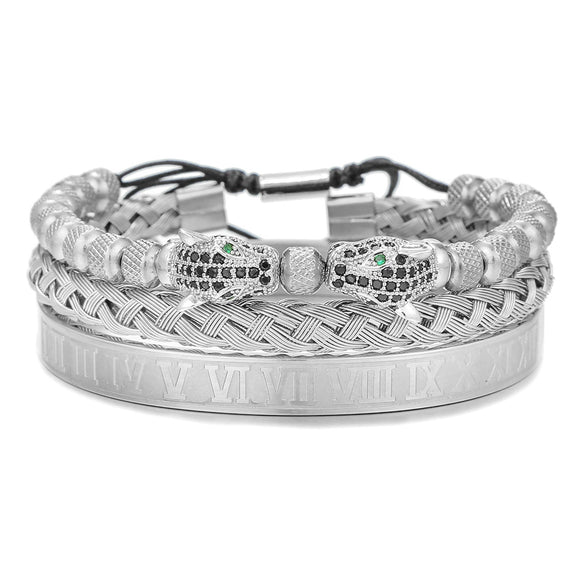 Bracelet Stainless Steel Copper Alloy Microinlaid Zircon Double Leopard Head Black Onyx Geometric Electroplating Style For Men