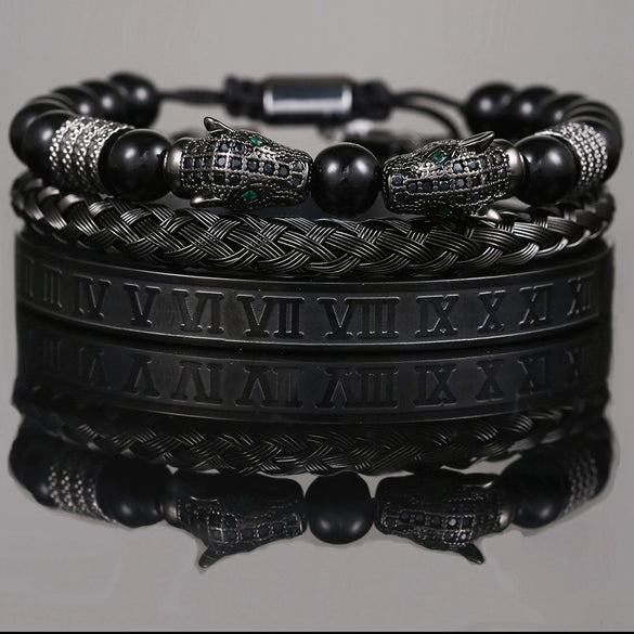 Bracelet Stainless Steel Copper Alloy Microinlaid Zircon Double Leopard Head Black Onyx Geometric Electroplating Style For Men