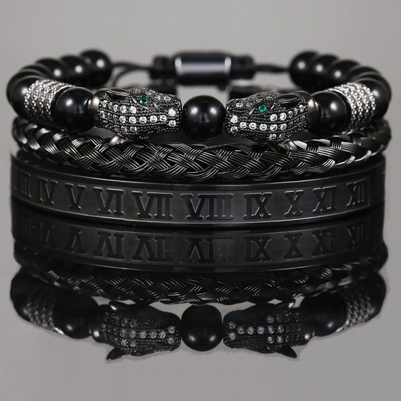 Bracelet Stainless Steel Copper Alloy Microinlaid Zircon Double Leopard Head Black Onyx Geometric Electroplating Style For Men