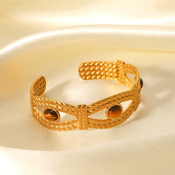 Bracelet Stainless Steel French Palace Style Woven Texture Set With Gemstones Retro Minimalist Women's
