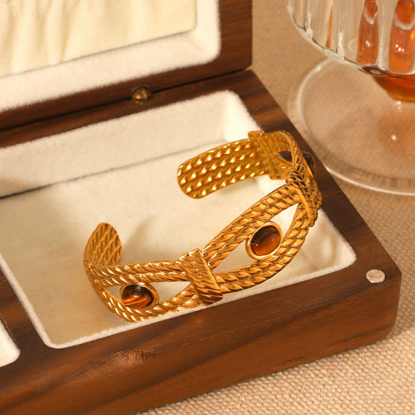 Bracelet Stainless Steel French Palace Style Woven Texture Set With Gemstones Retro Minimalist Women's