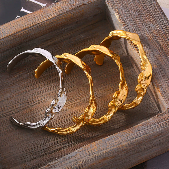 Bracelet 316L Stainless Steel Geometric Irregular Hammer Wavy 18K Gold Plated Handicrafts For Women