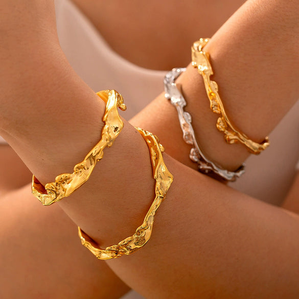 Bracelet 316L Stainless Steel Geometric Irregular Hammer Wavy 18K Gold Plated Handicrafts For Women