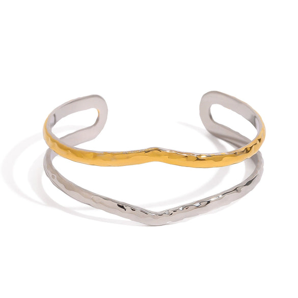 Bracelet Stainless Steel Gold And Silver Color Matching Hammer Lines Double Hollow Open Geometric Electroplated