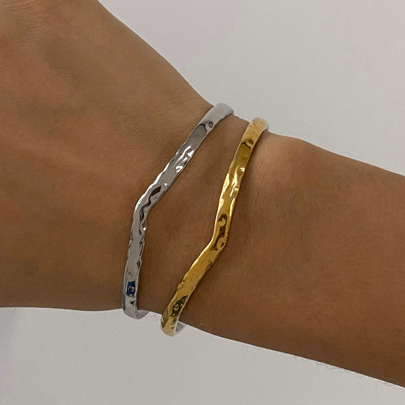 Bracelet Stainless Steel Gold And Silver Color Matching Hammer Lines Double Hollow Open Geometric Electroplated