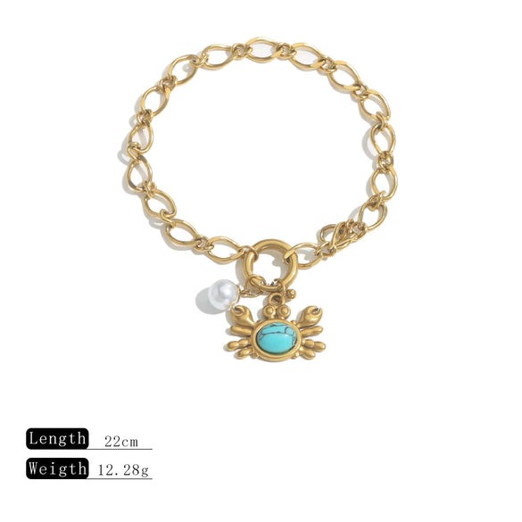 Bracelet Stainless Steel Golden Crab Pearl Turquoise Embellished Electroplated Jewelry