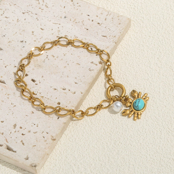 Bracelet Stainless Steel Golden Crab Pearl Turquoise Embellished Electroplated Jewelry