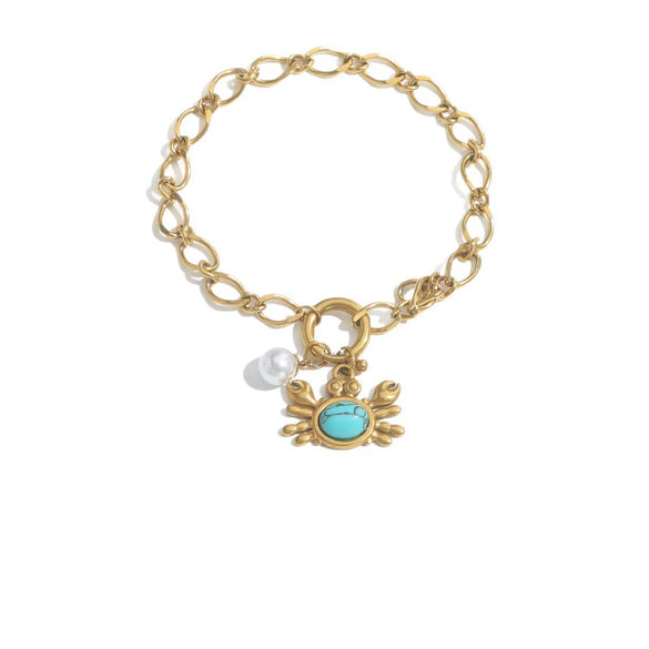 Bracelet Stainless Steel Golden Crab Pearl Turquoise Embellished Electroplated Jewelry