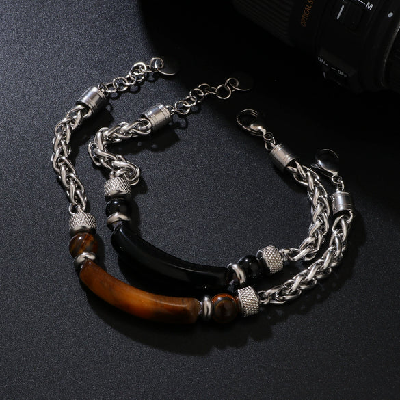 Bracelet Stainless Steel Hiphop Geometric Electroplating Tiger Eye Stone