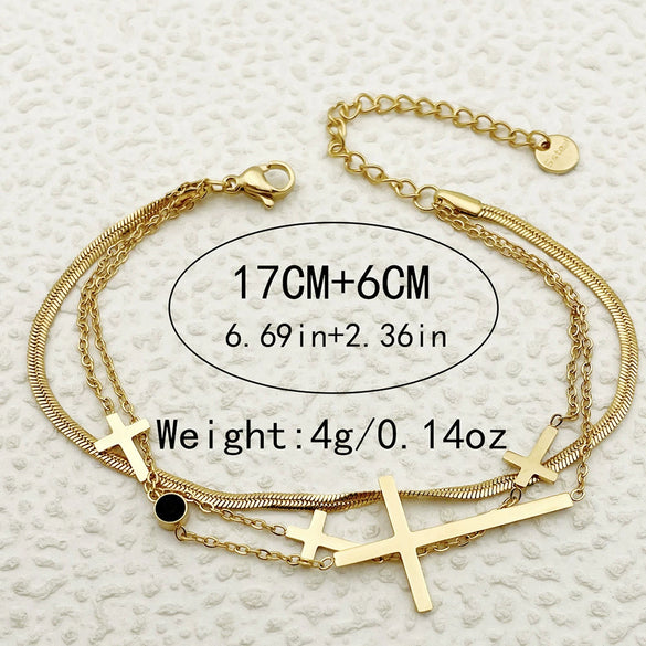 Bracelet Stainless Steel Inlaid Zircon Geometric Leaf Cross Multilayer Electroplated French Retro Minimalist
