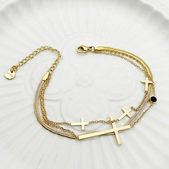 Bracelet Stainless Steel Inlaid Zircon Geometric Leaf Cross Multilayer Electroplated French Retro Minimalist