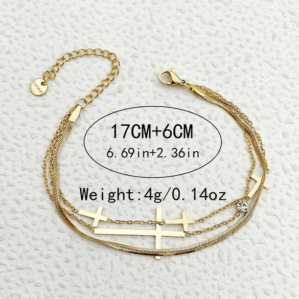 Bracelet Stainless Steel Inlaid Zircon Geometric Leaf Cross Multilayer Electroplated French Retro Minimalist