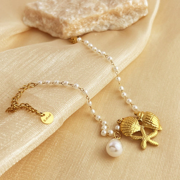 Bracelet Stainless Steel 18K Gold Plated Starfish Shell Pearl Heart Geometric Design For Women