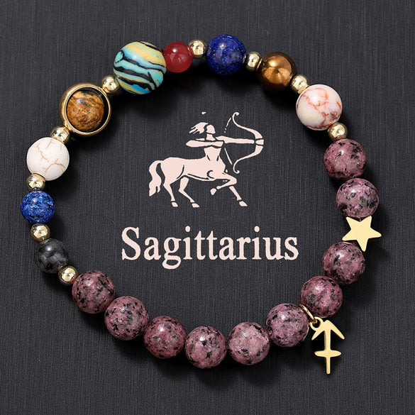 Bracelet Stainless Steel Natural Stone Granite Beaded Handmade Geometric Eight Planets 12 Constellations Unisex Women