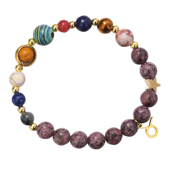 Bracelet Stainless Steel Natural Stone Granite Beaded Handmade Geometric Eight Planets 12 Constellations Unisex Women