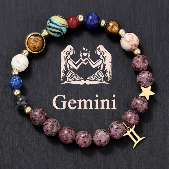 Bracelet Stainless Steel Natural Stone Granite Beaded Handmade Geometric Eight Planets 12 Constellations Unisex Women