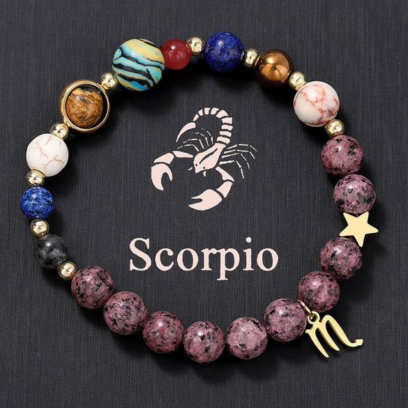 Bracelet Stainless Steel Natural Stone Granite Beaded Handmade Geometric Eight Planets 12 Constellations Unisex Women