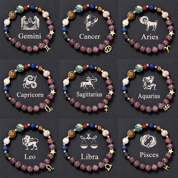 Bracelet Stainless Steel Natural Stone Granite Beaded Handmade Geometric Eight Planets 12 Constellations Unisex Women
