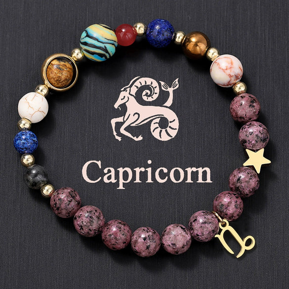 Bracelet Stainless Steel Natural Stone Granite Beaded Handmade Geometric Eight Planets 12 Constellations Unisex Women