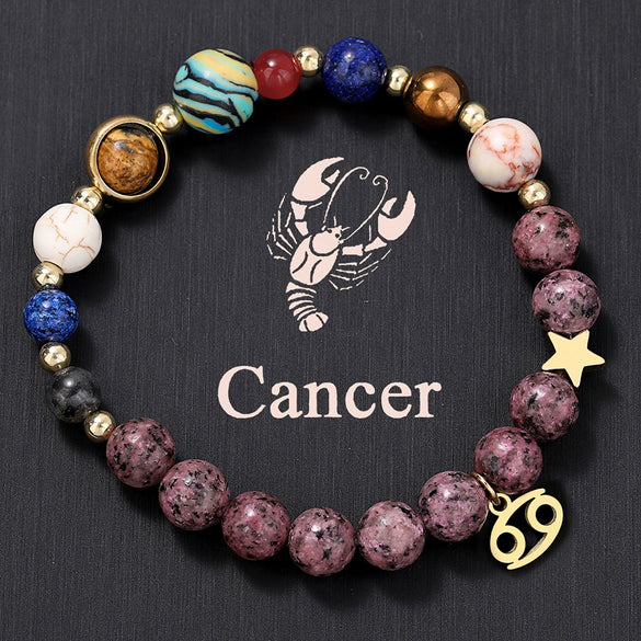 Bracelet Stainless Steel Natural Stone Granite Beaded Handmade Geometric Eight Planets 12 Constellations Unisex Women