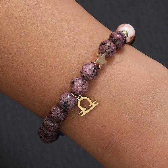 Bracelet Stainless Steel Natural Stone Granite Beaded Handmade Geometric Eight Planets 12 Constellations Unisex Women