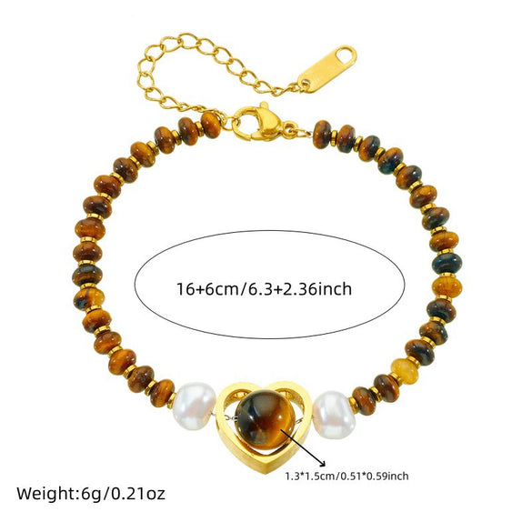 Bracelet Stainless Steel Oval Tiger Eye Maillard Style Handmade Woven Beaded Love Gem Pendant Chain Stitching