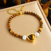 Bracelet Stainless Steel Oval Tiger Eye Maillard Style Handmade Woven Beaded Love Gem Pendant Chain Stitching