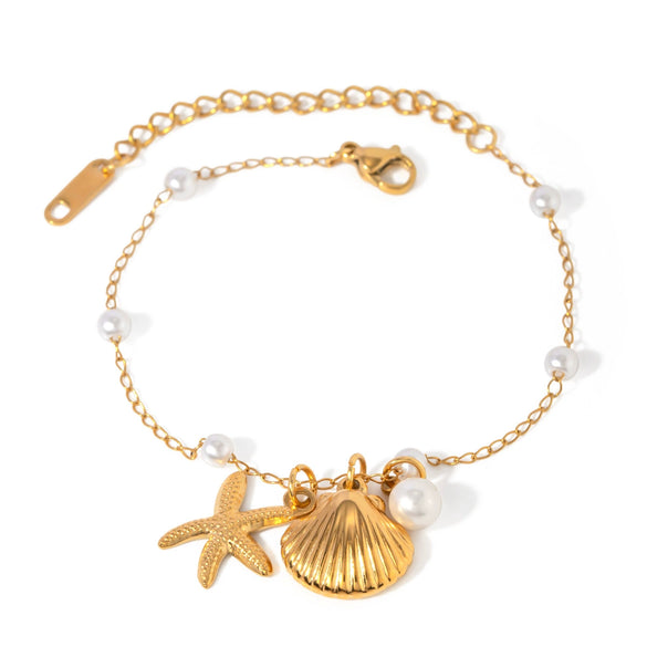 Bracelet Stainless Steel Pearl Chain With Shell Pendant Geometric Style Electroplated