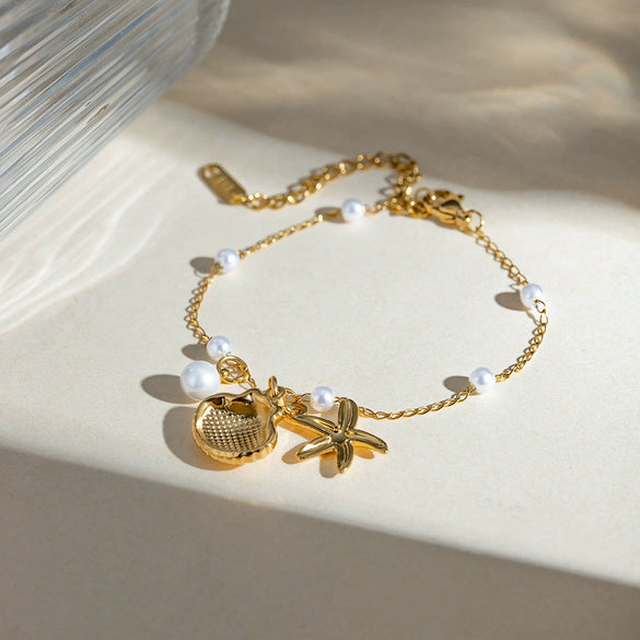 Bracelet Stainless Steel Pearl Chain With Shell Pendant Geometric Style Electroplated