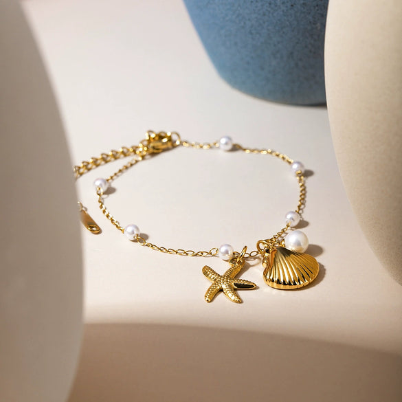 Bracelet Stainless Steel Pearl Chain With Shell Pendant Geometric Style Electroplated