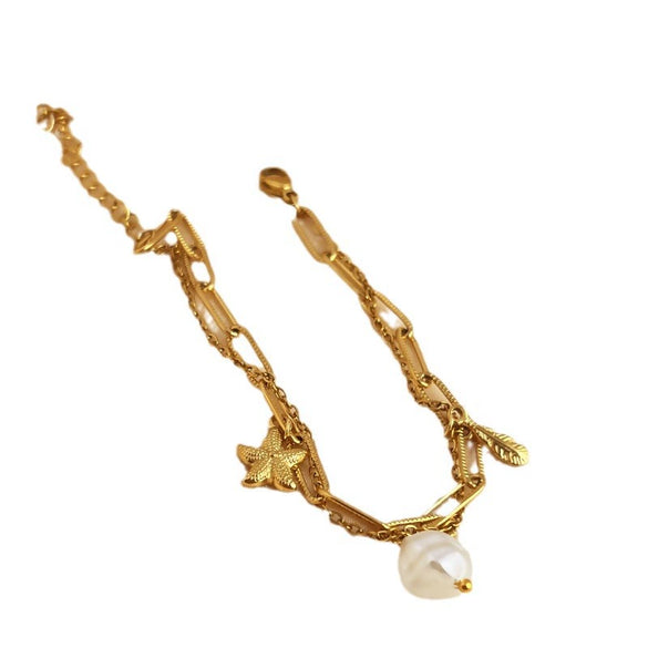 Bracelet Stainless Steel Pearl Heart Starfish Feather Pendant Double Layer 18K Gold Plated Electroplated