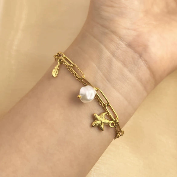 Bracelet Stainless Steel Pearl Heart Starfish Feather Pendant Double Layer 18K Gold Plated Electroplated