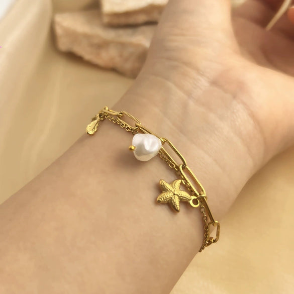 Bracelet Stainless Steel Pearl Heart Starfish Feather Pendant Double Layer 18K Gold Plated Electroplated