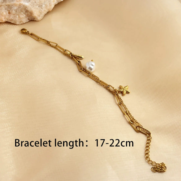 Bracelet Stainless Steel Pearl Heart Starfish Feather Pendant Double Layer 18K Gold Plated Electroplated