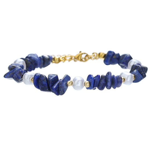 Bracelet Stainless Steel Pearl Lapis Lazuli Handmade Geometric Style