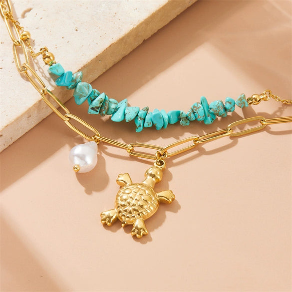 Bracelet Stainless Steel Turtle Pearl Irregular Turquoise Double Layer Stacked Electroplated Animal Zodiac Personality Jewelry
