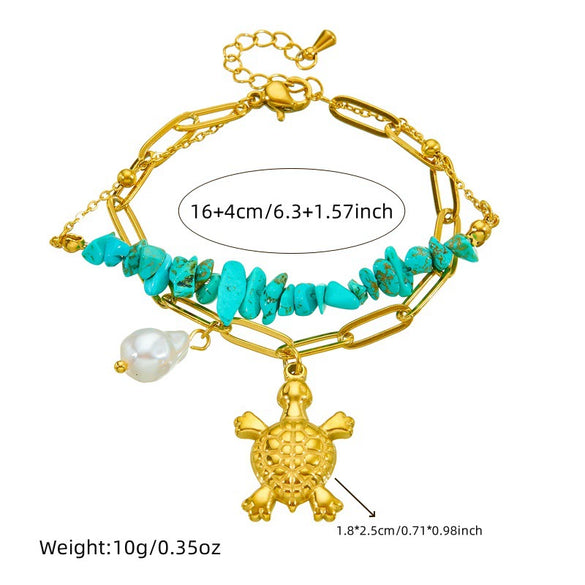 Bracelet Stainless Steel Turtle Pearl Irregular Turquoise Double Layer Stacked Electroplated Animal Zodiac Personality Jewelry