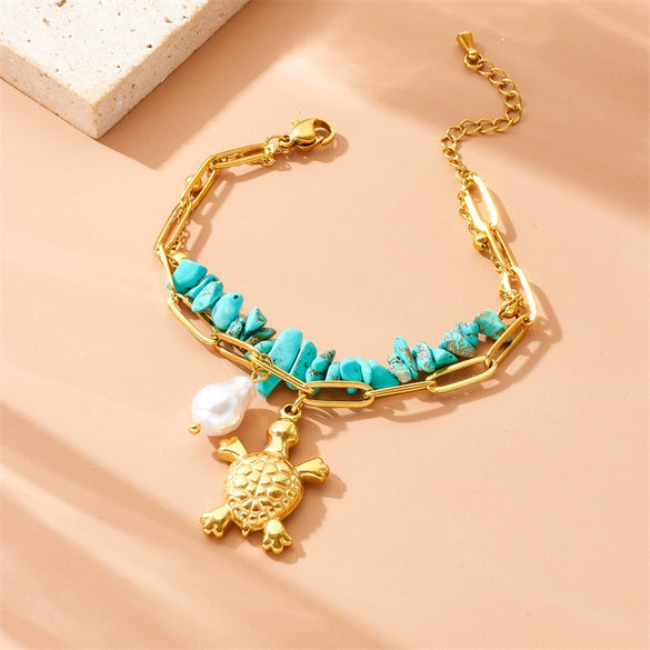 Bracelet Stainless Steel Turtle Pearl Irregular Turquoise Double Layer Stacked Electroplated Animal Zodiac Personality Jewelry