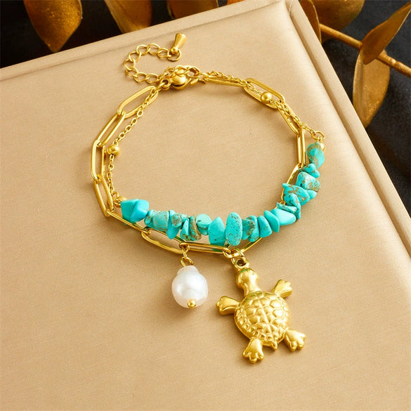Bracelet Stainless Steel Turtle Pearl Irregular Turquoise Double Layer Stacked Electroplated Animal Zodiac Personality Jewelry