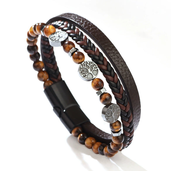 Bracelet Tiger Eye Woven Leather Rope Life Tree Metal Accessories Magnetic Buckle Handmade Geometric Style
