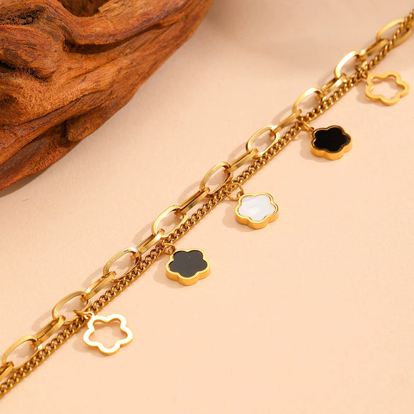 Bracelet Titanium Steel Black Shell Heart Hollow Five Leaf Flower Electroplating Cartoon Women's Jewelry