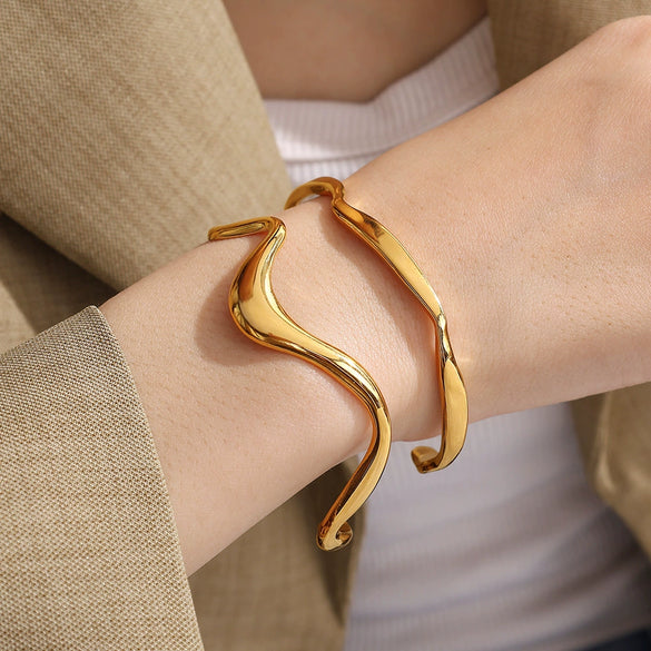 Bracelet 316L Stainless Steel Geometric Pattern Electroplated Natural Curve Lines Irregular Wave Style